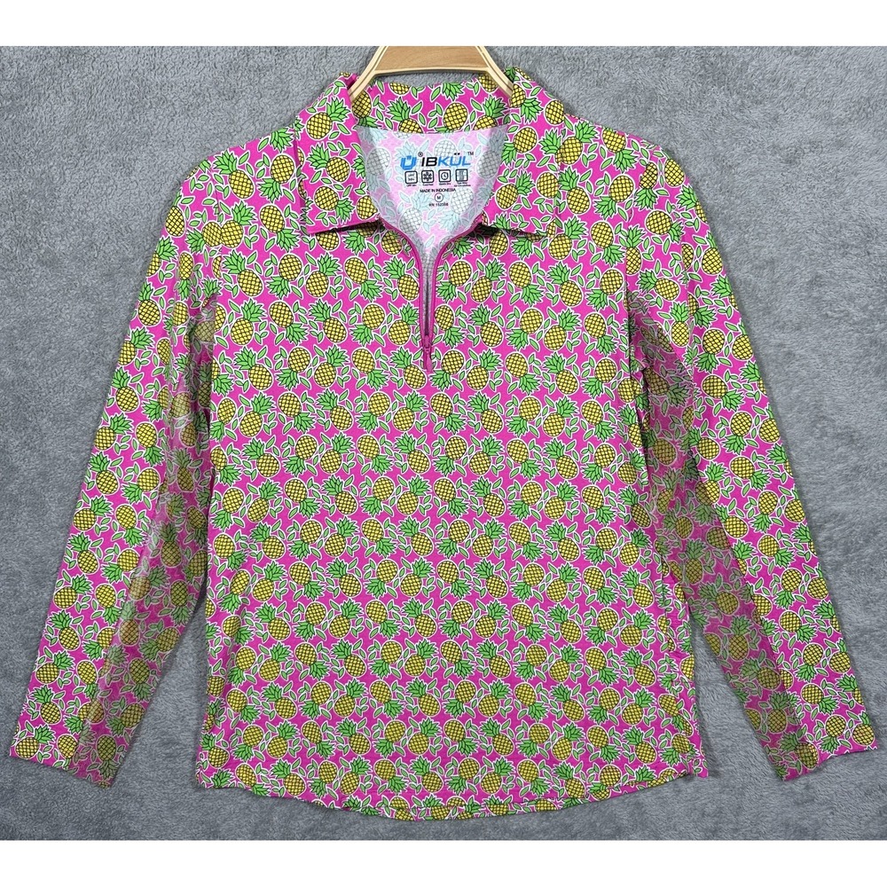 IBKUL Polo Shirt Womens Medium Pink Pineapple Mesh Panel Long Sleeve 1/4 Zip Top